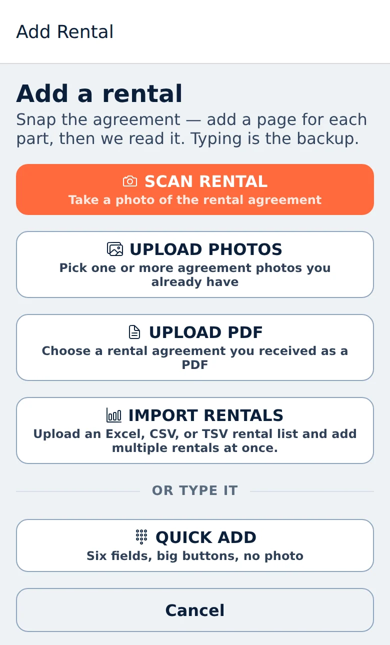 The Add a rental screen in Rental Leak: Scan rental, Upload photos, Upload PDF, Import rentals and Quick Add