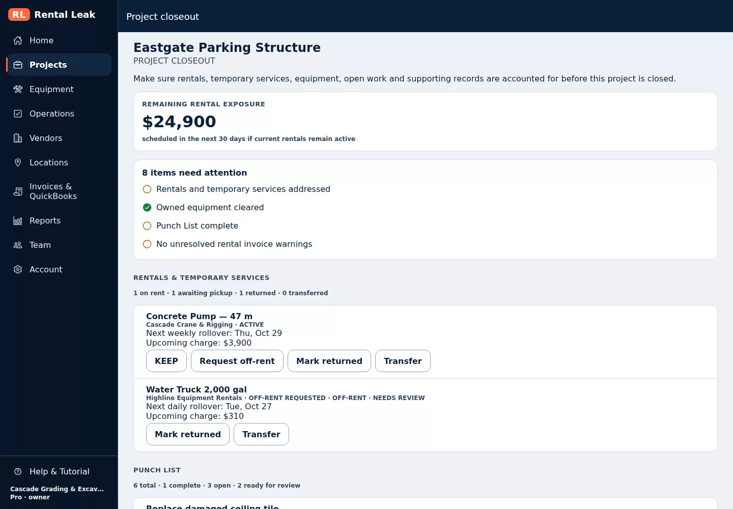 The project closeout screen in Rental Leak: remaining rental exposure for the next 30 days, eight items needing attention with a checklist, and the rentals still on the project with KEEP, Request off-rent, Mark returned and Transfer