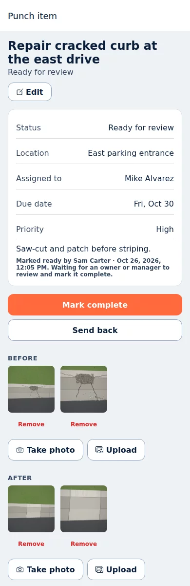 One punch item on a phone in Rental Leak: Repair cracked curb at the east drive, ready for review, with its location, assignee, due date and high priority, Mark complete and Send back buttons, two before photos of a cracked curb and two after photos of the patched curb