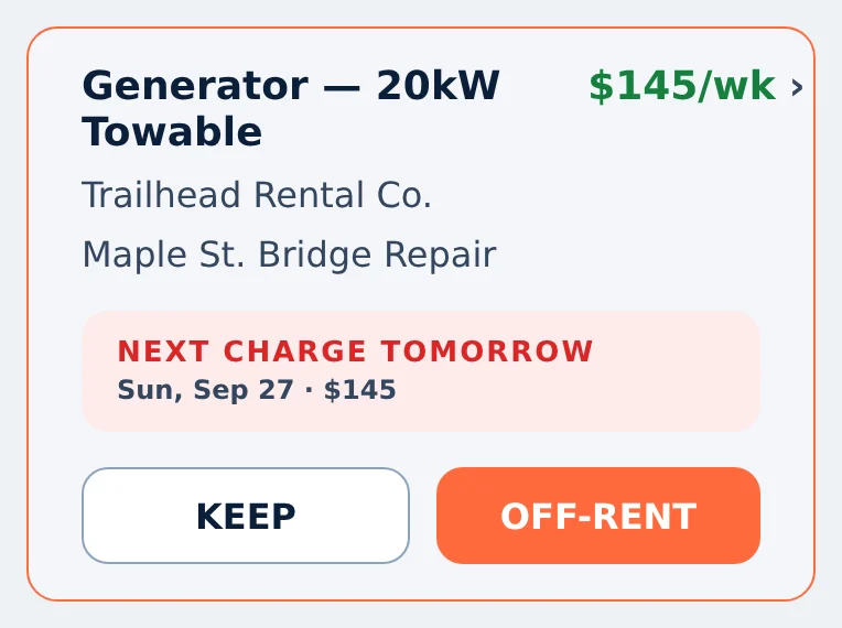 A rental card in Rental Leak with its next charge tomorrow and KEEP and OFF-RENT buttons